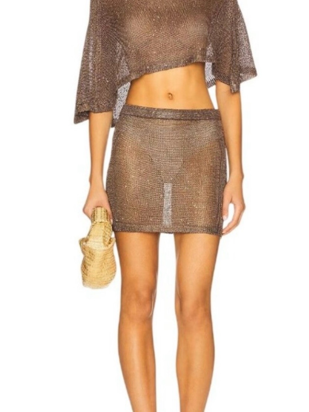 superdown Bronze Metallic One-Shoulder Crop Top & Mini Skirt Set